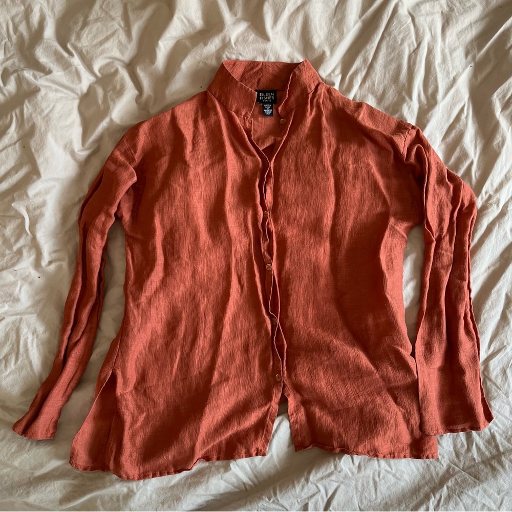 Eileen Fisher silk linen button down Size PP burnt orange  EUC